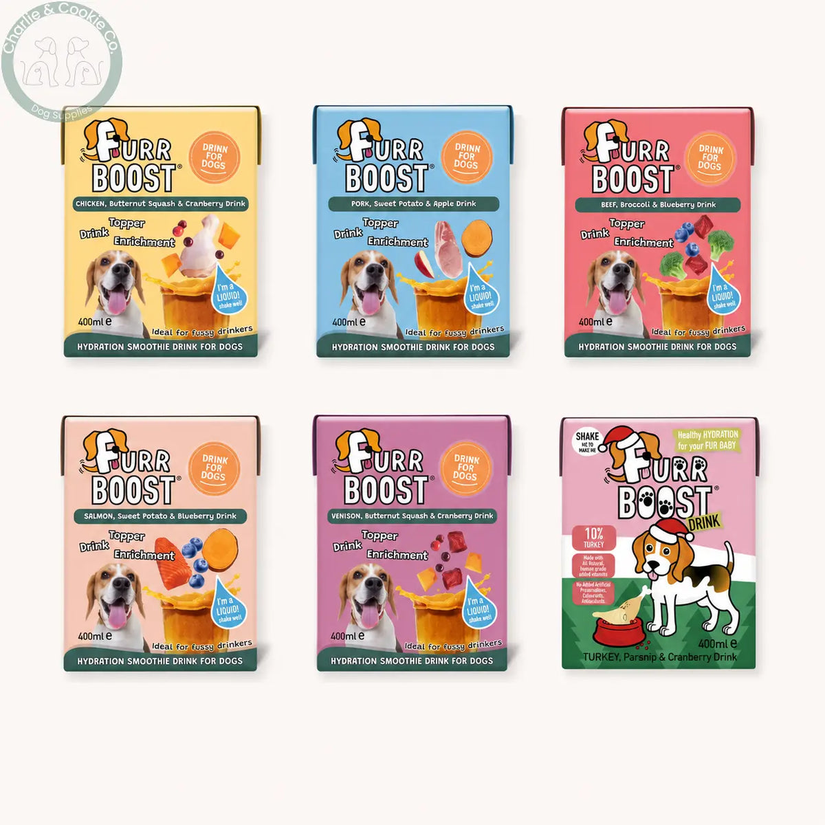 Furr Boost 400ml dog drinks in all six current recipes: Chicken, Pork, Beef, Salmon, Venison and Turkey