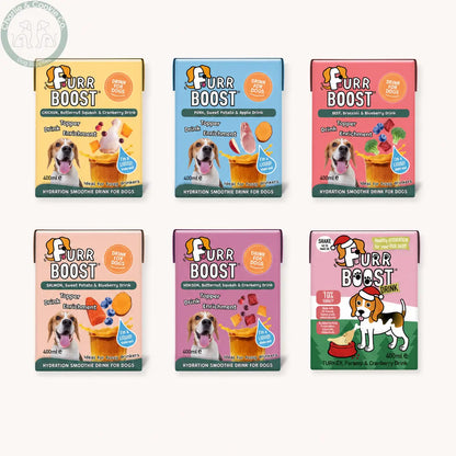 Furr Boost 400ml dog drinks in all six current recipes: Chicken, Pork, Beef, Salmon, Venison and Turkey