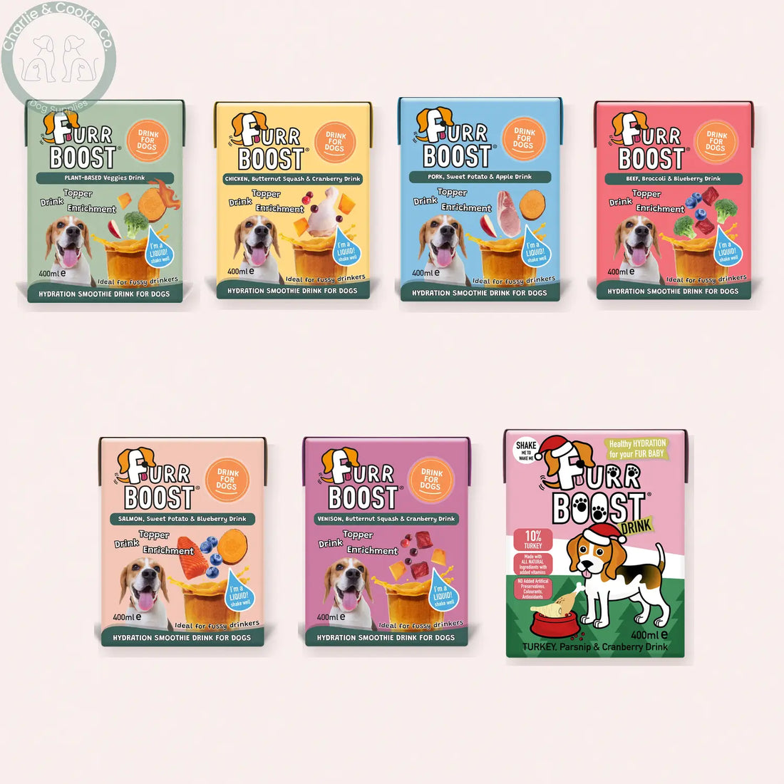 Furr Boost Drink 400ml cartons in all seven recipes