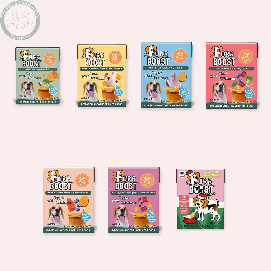 Furr Boost 400ml dog drinks in all seven recipes: Plant-Based, Chicken, Pork, Beef, Salmon, Venison and Turkey