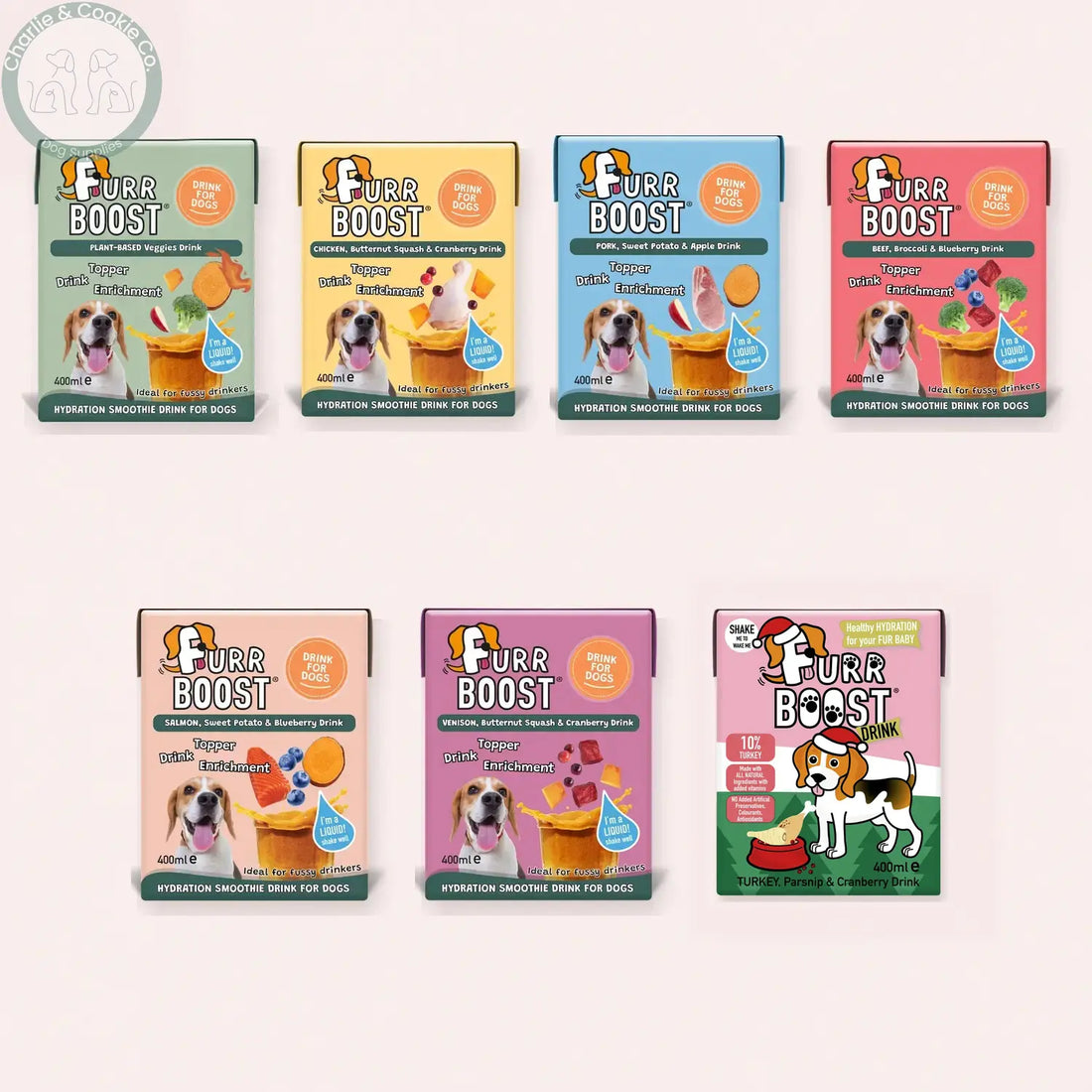 Furr Boost 400ml dog drinks in all seven recipes, with each carton shown at equal scale