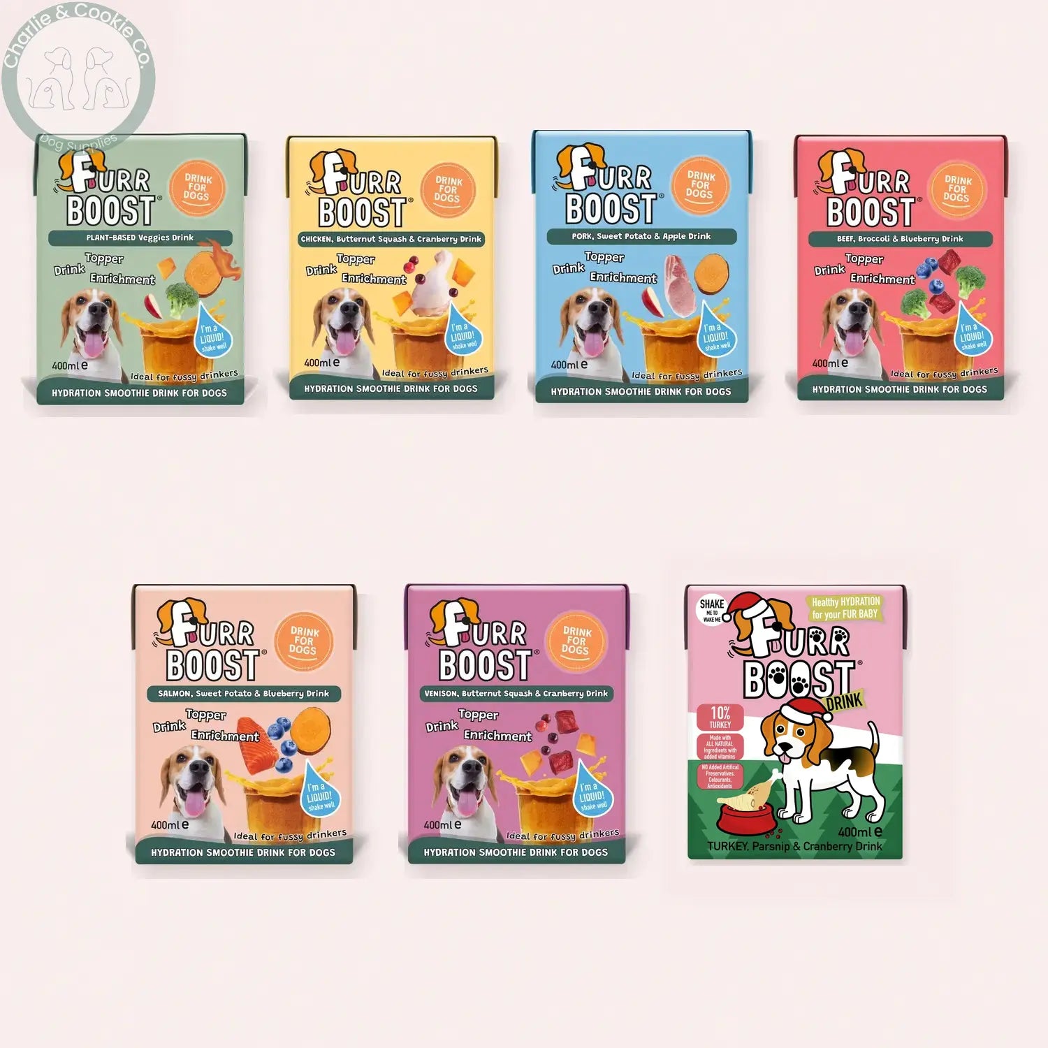 Furr Boost 400ml dog drinks in all seven recipes, with each carton shown at equal scale