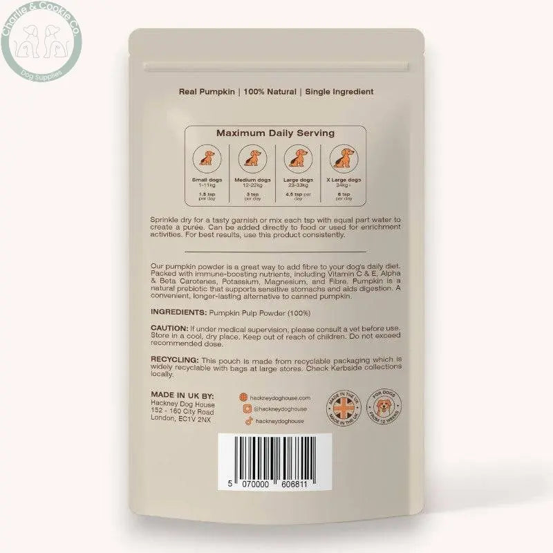 Hackney Dog House Pumpkin Powder For Dogs 225g - High-Fibre Digestive Health Supplement - Charlie &amp; Cookie Co.