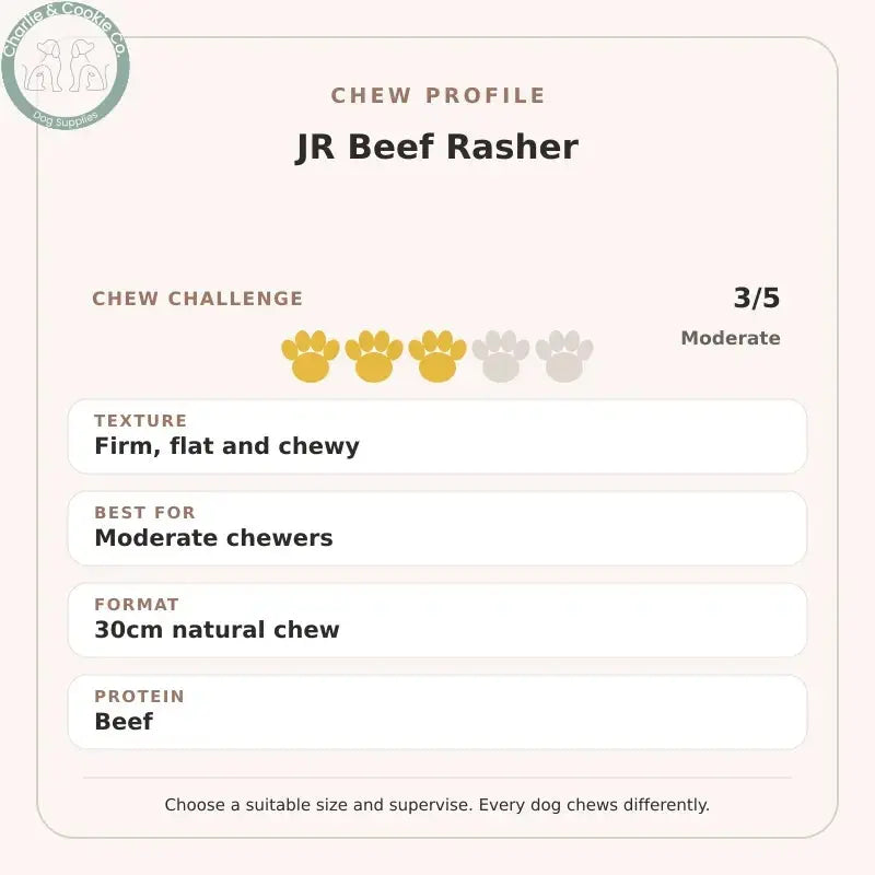 Chew Profile for JR Beef Rasher: challenge 3/5, firm, flat and chewy