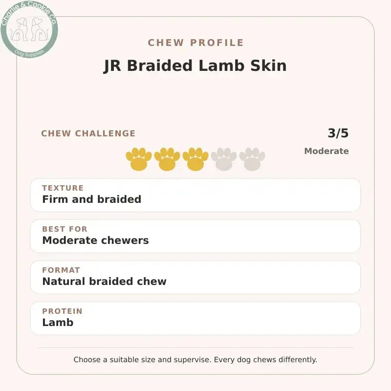 Chew Profile for JR Braided Lamb Skin: challenge 3/5, firm and braided