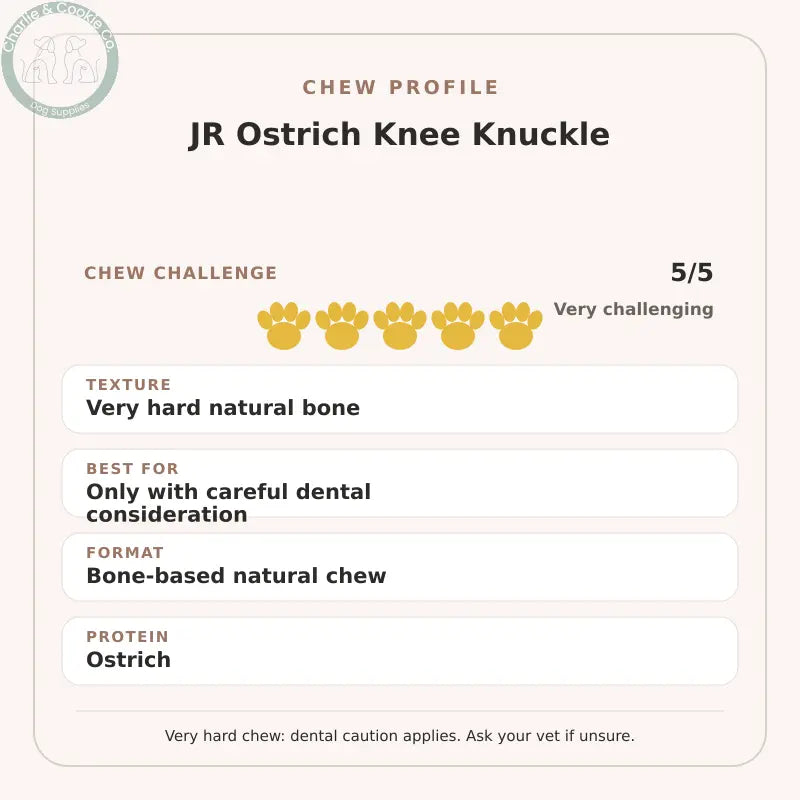 Chew Profile for JR Ostrich Knee Knuckle: challenge 5/5, very hard natural bone