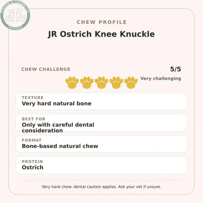 Chew Profile for JR Ostrich Knee Knuckle: challenge 5/5, very hard natural bone