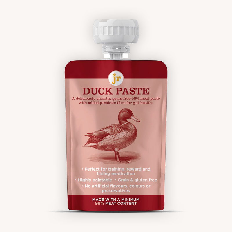 JR Premium Paste Plus Duck 80g squeeze pouch, front view