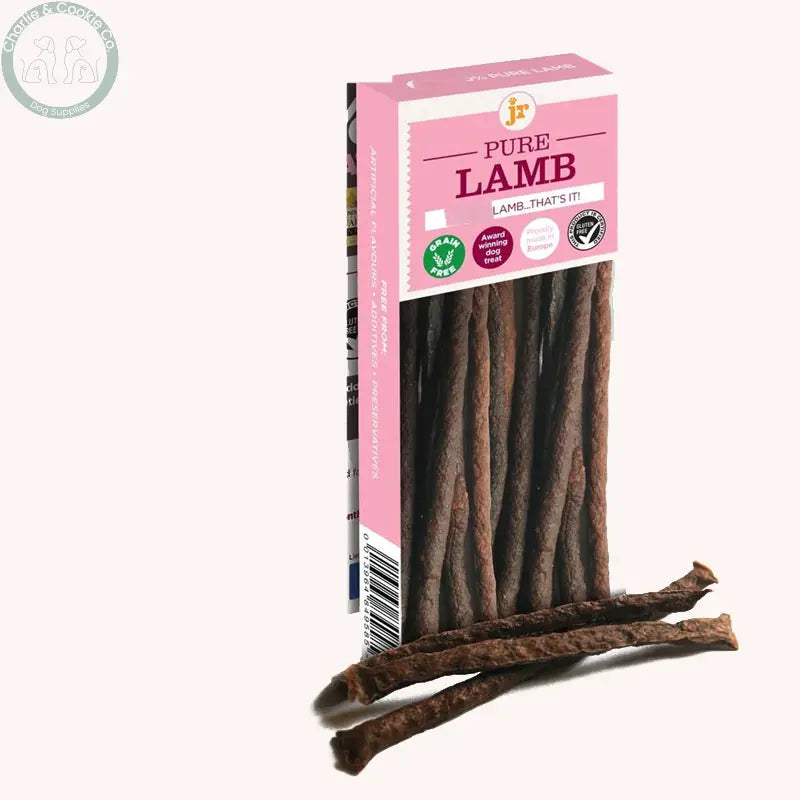 JR Pet Products Pure Lamb Meat Sticks 50g on Charlie &amp; Cookie brand background