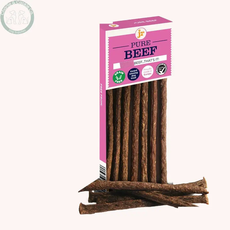 JR Pet Products Pure Beef Meat Sticks 50g on Charlie &amp; Cookie brand background