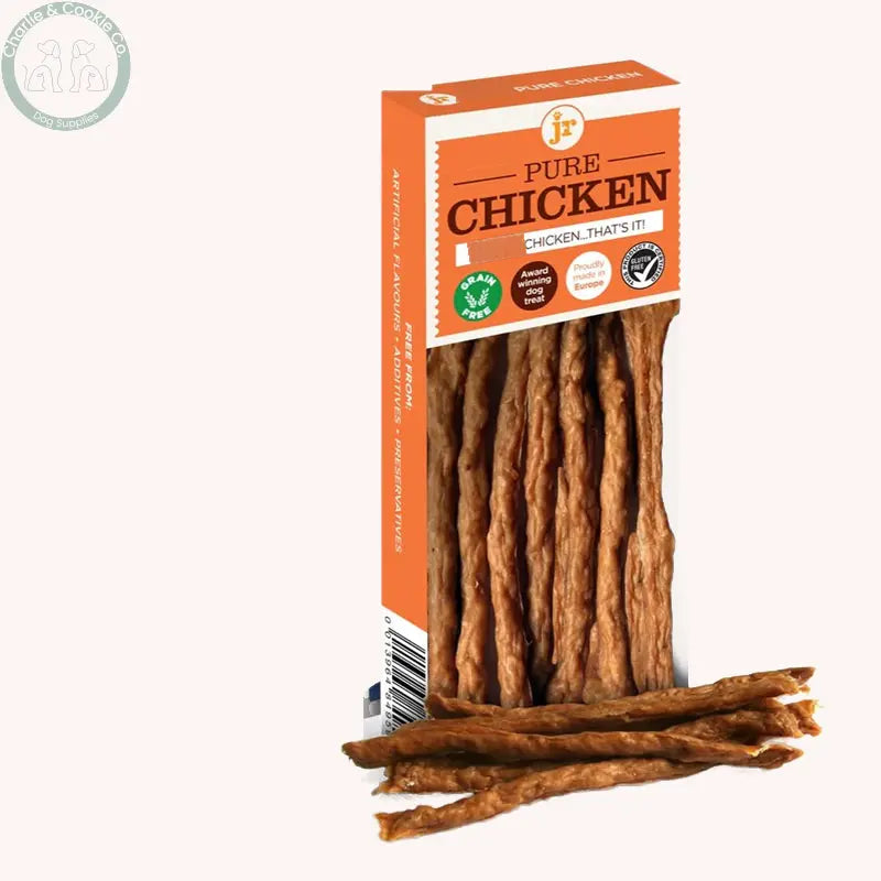 JR Pet Products Pure Chicken Meat Sticks 50g on Charlie &amp; Cookie brand background