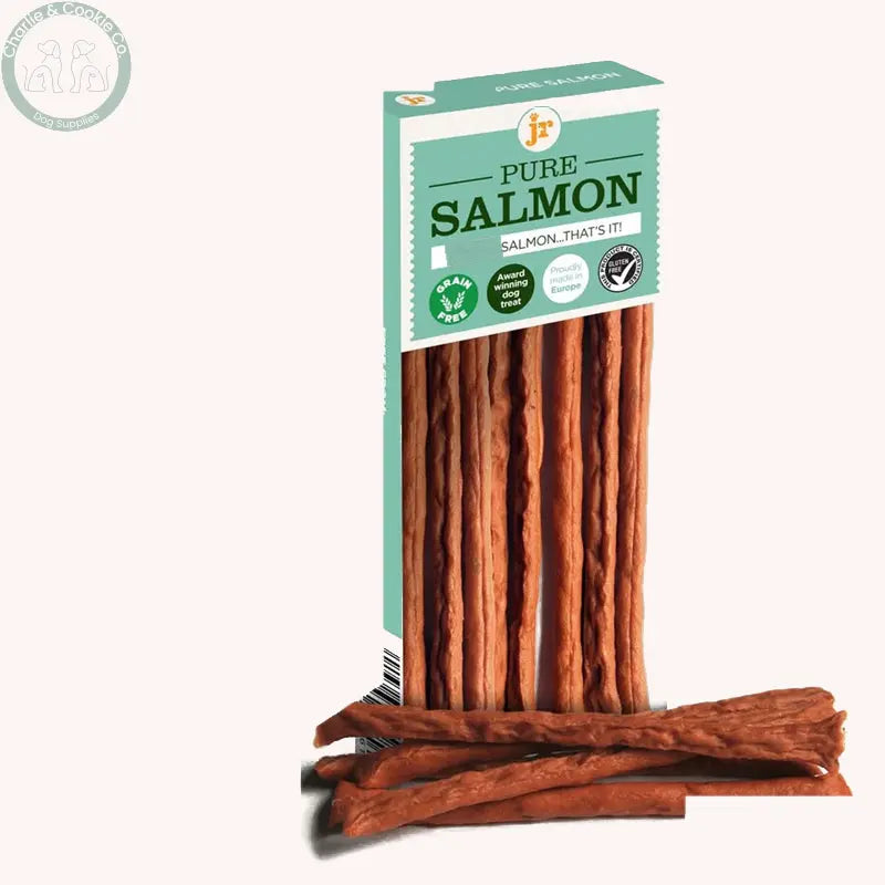 JR Pet Products Pure Salmon Meat Sticks 50g on Charlie &amp; Cookie brand background