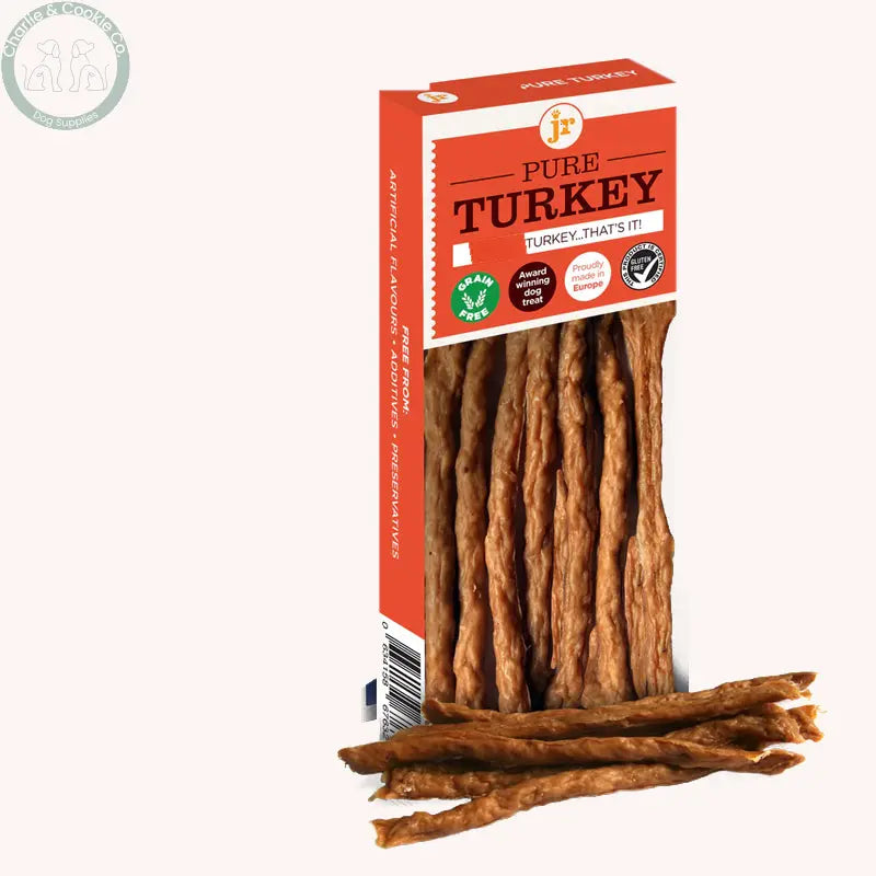 JR Pet Products Pure Turkey Meat Sticks 50g on Charlie &amp; Cookie brand background