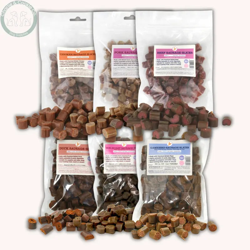 JR Pet Products Sausage Slices 250g | Chicken, Pork, Beef, Duck, Game Bird or Hog Roast Training Treats for Dogs