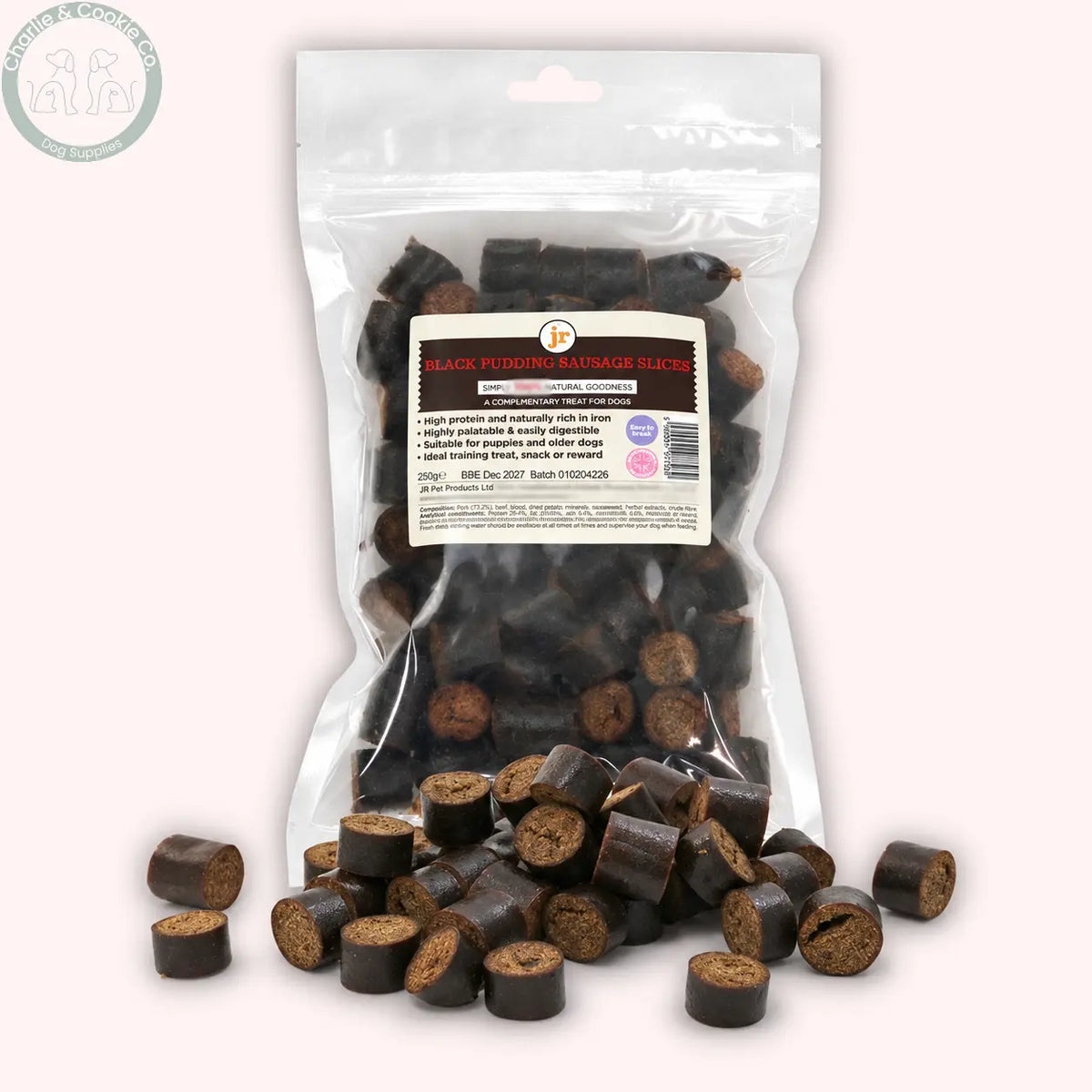 JR Pet Products Black Pudding Sausage Slices 250g dog training treats
