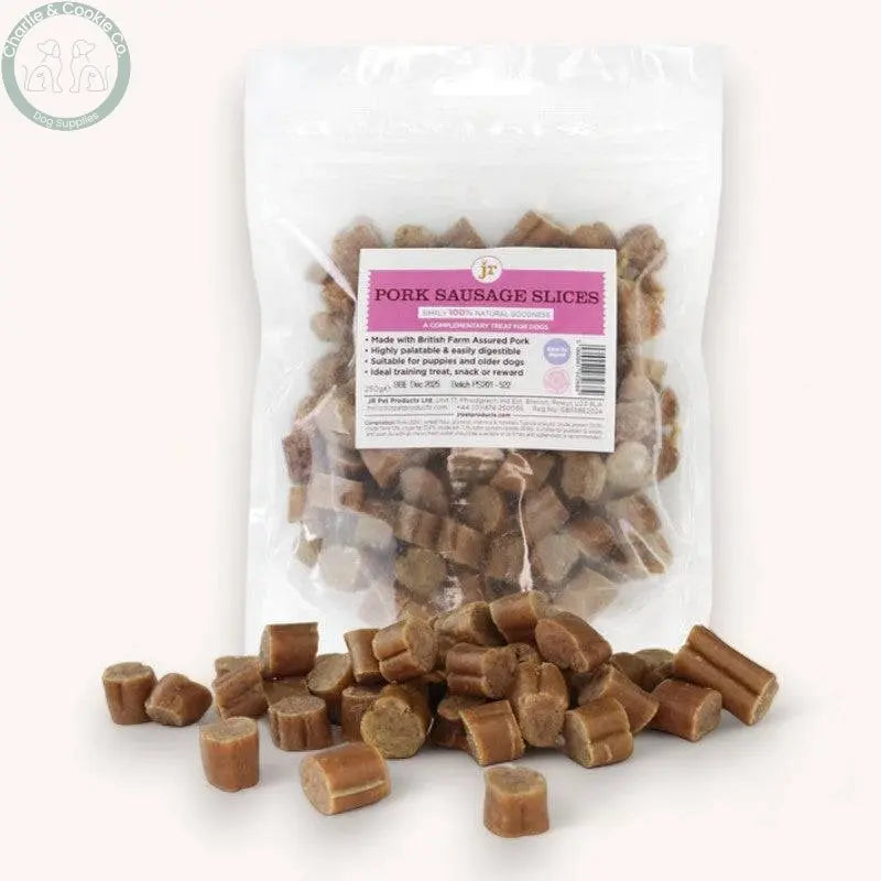 JR Pet Products Sliced British Sausage 250g - Pork, Chicken, Beef - High-Quality, Nutritious Dog Treats - Charlie &amp; Cookie Co.