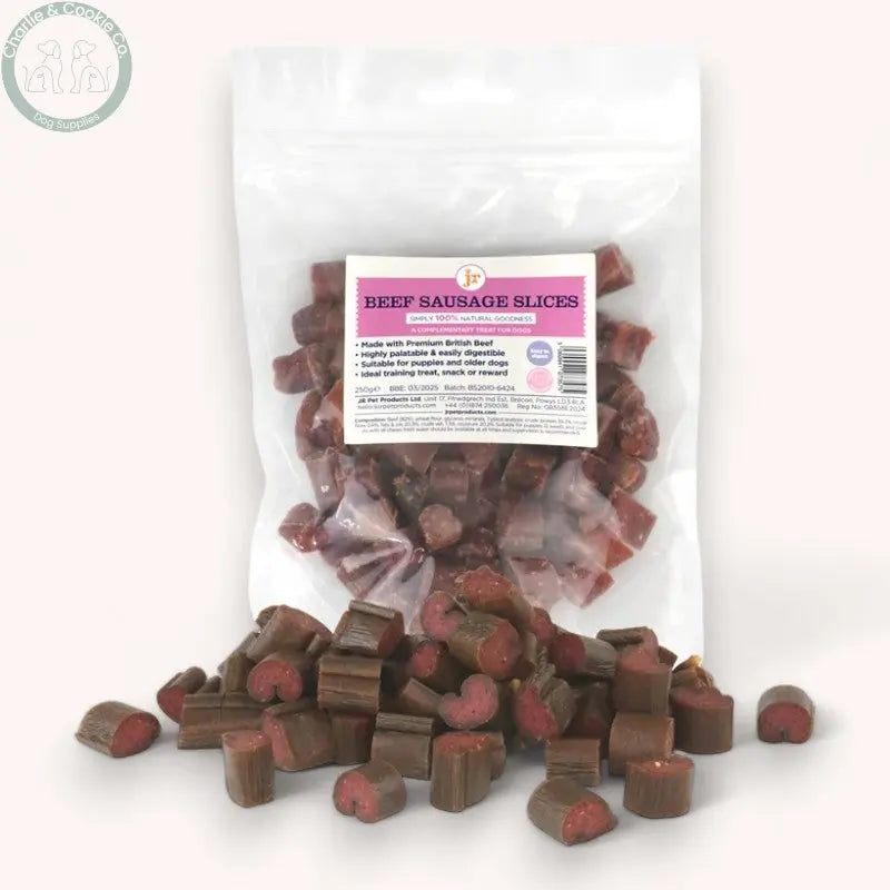 JR Pet Products Sliced British Sausage 250g - Pork, Chicken, Beef - High-Quality, Nutritious Dog Treats - Charlie &amp; Cookie Co.