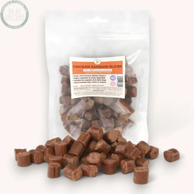 JR Pet Products Sliced British Sausage 250g - Pork, Chicken, Beef - High-Quality, Nutritious Dog Treats - Charlie &amp; Cookie Co.