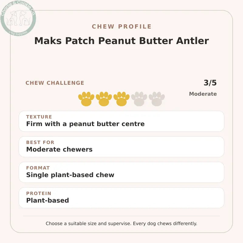 Chew Profile for Maks Patch Peanut Butter Antler: challenge 3/5, firm with a peanut butter centre