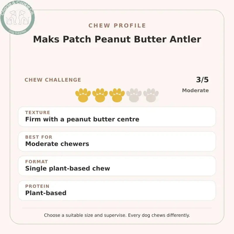 Chew Profile for Maks Patch Peanut Butter Antler: challenge 3/5, firm with a peanut butter centre
