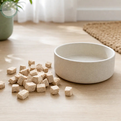 Natures Menu Freeze-Dried Chunks beside a dog bowl