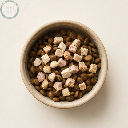 Natures Menu Freeze-Dried Toppers served over a dog meal
