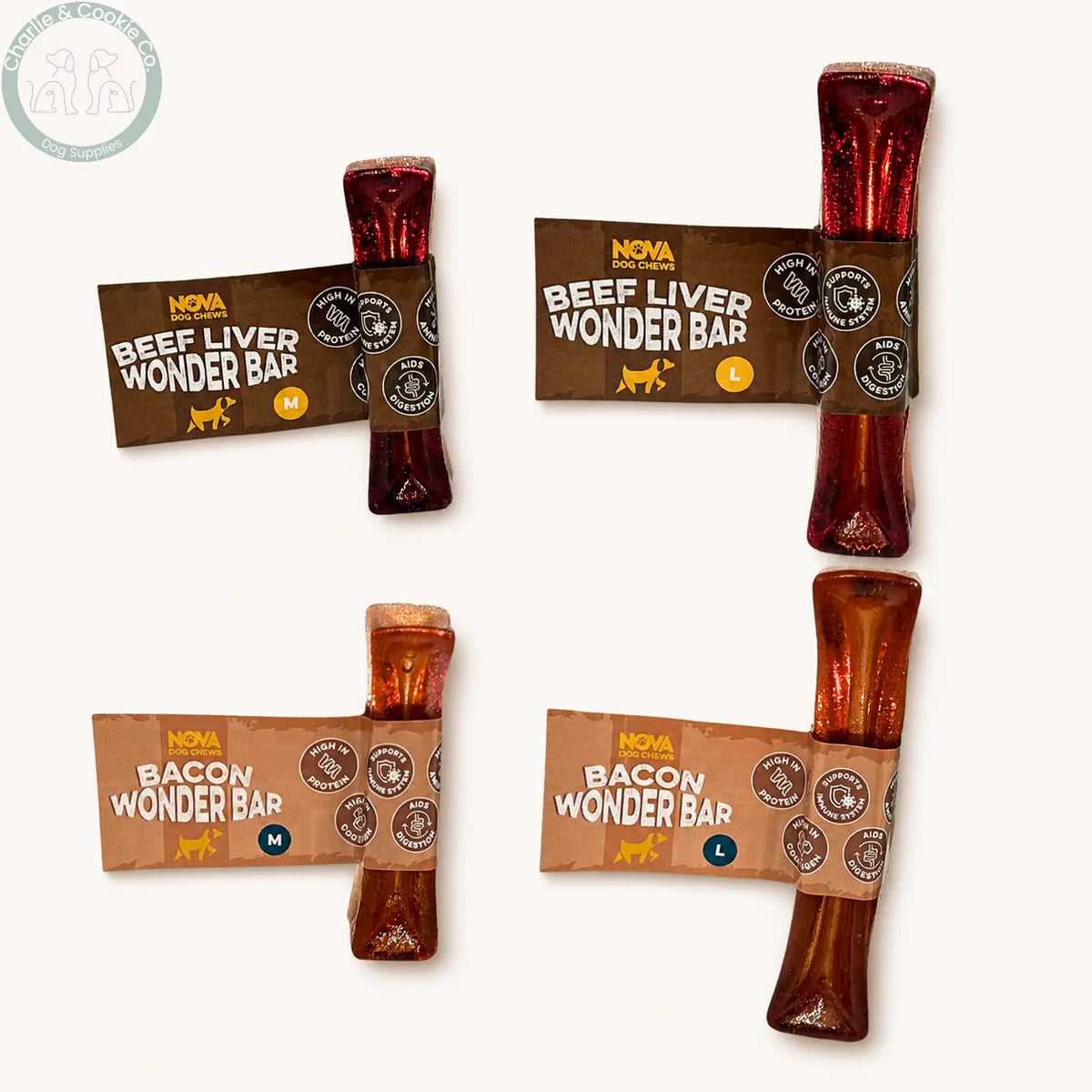 Nova Wonder Bar dog chews in Beef Liver and Bacon, Medium and Large