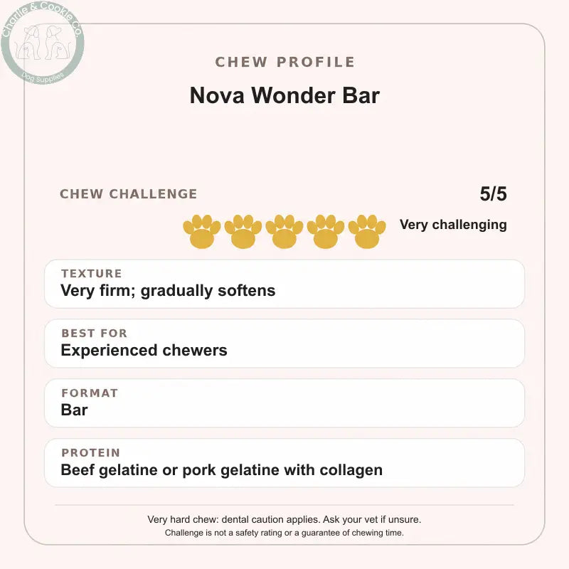 Nova Wonder Bar chew profile: 5 out of 5 (very challenging). Very firm; gradually softens; Experienced chewers; Bar; Beef gelatine or pork gelatine with collagen.