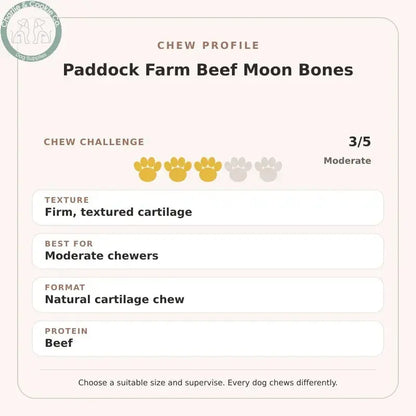 Chew Profile for Paddock Farm Beef Moon Bones: challenge 3/5, firm, textured cartilage