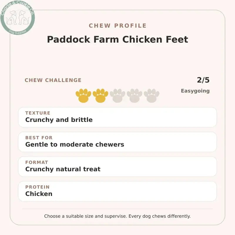 Chew Profile for Paddock Farm Chicken Feet: challenge 2/5, crunchy and brittle