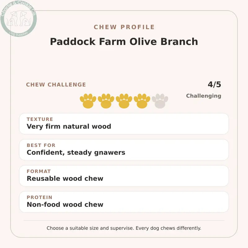 Chew Profile for Paddock Farm Olive Branch: challenge 4/5, very firm natural wood