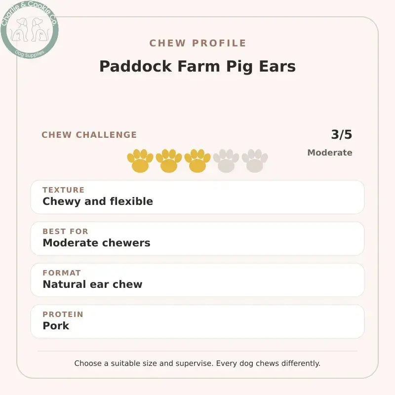 Chew Profile for Paddock Farm Pig Ears: challenge 3/5, chewy and flexible