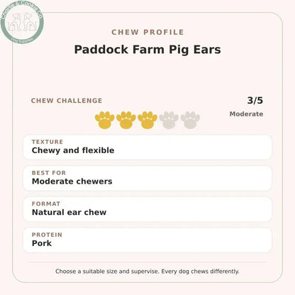 Chew Profile for Paddock Farm Pig Ears: challenge 3/5, chewy and flexible