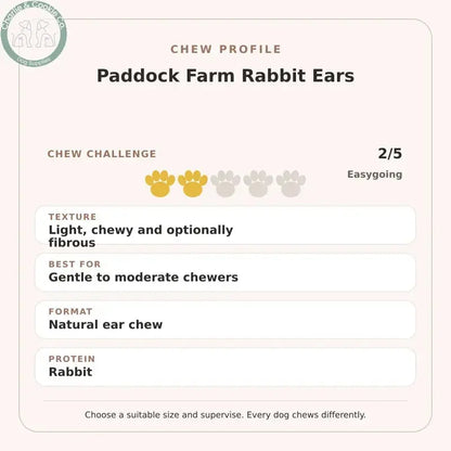 Chew Profile for Paddock Farm Rabbit Ears: challenge 2/5, light, chewy and optionally fibrous