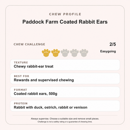 Paddock Farm coated rabbit ears chew profile: 2 out of 5, easygoing. Duck, ostrich, rabbit and venison recipes.