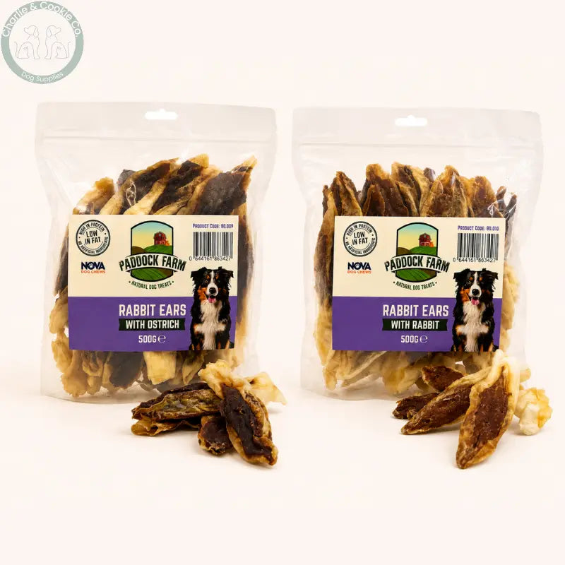 Paddock Farm Rabbit Ears with Rabbit or Ostrich 500g | Natural High-Protein Dog Treats