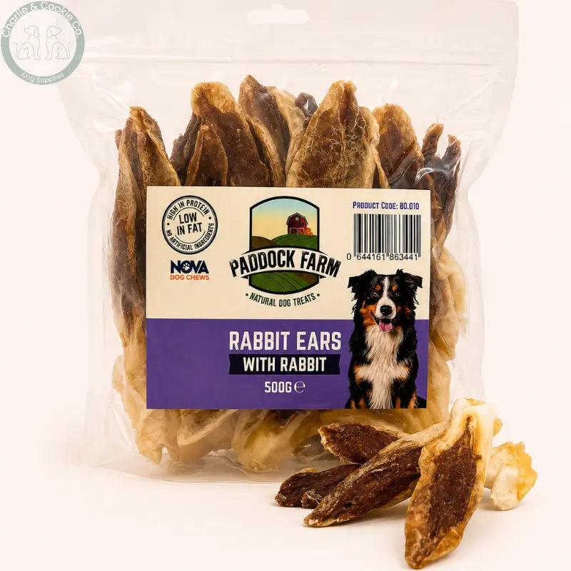 Paddock Farm Rabbit Ears with Rabbit or Ostrich 500g dog treats