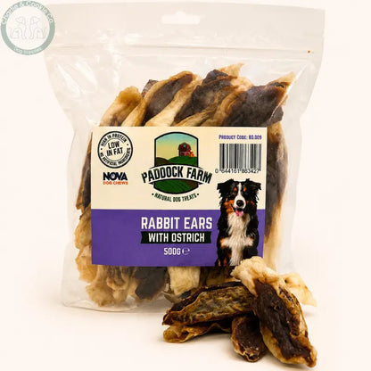 Paddock Farm Rabbit Ears with Rabbit or Ostrich 500g dog treats
