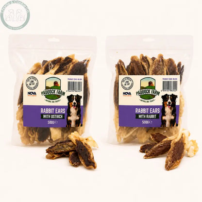 Paddock Farm Rabbit Ears with Rabbit or Ostrich 500g dog treats