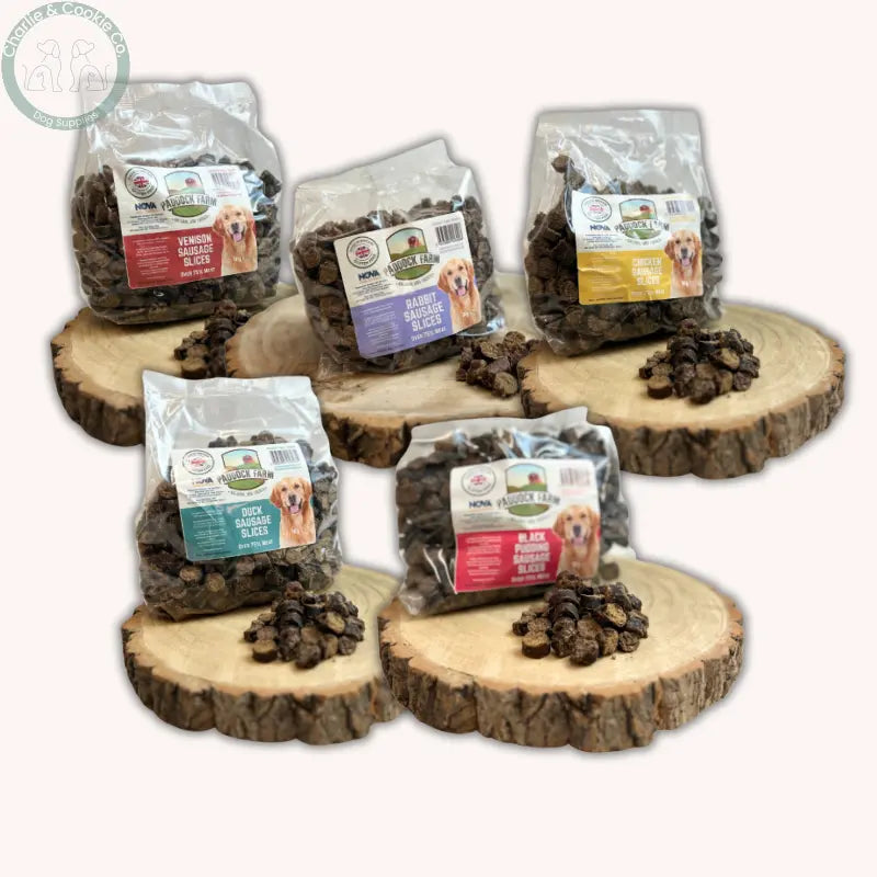 Paddock Farm Sausage Slices 1kg dog training treats in five recipes