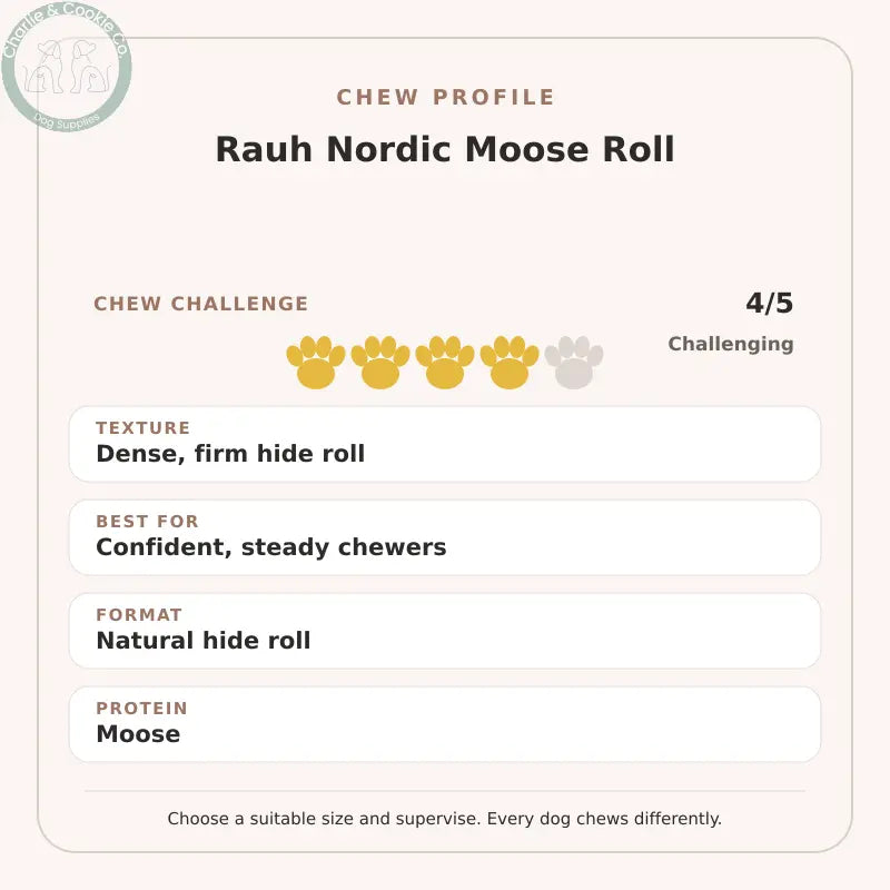 Chew Profile for Rauh Nordic Moose Roll: challenge 4/5, dense, firm hide roll