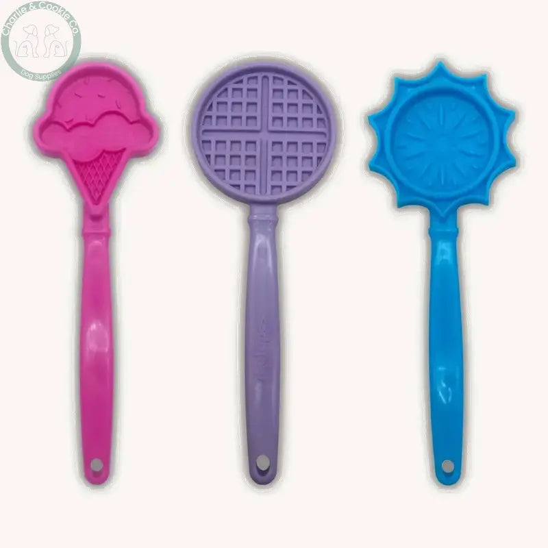 SodaPup Lick Sticks in pink Ice Cream, pastel purple Waffle and blue Flower designs