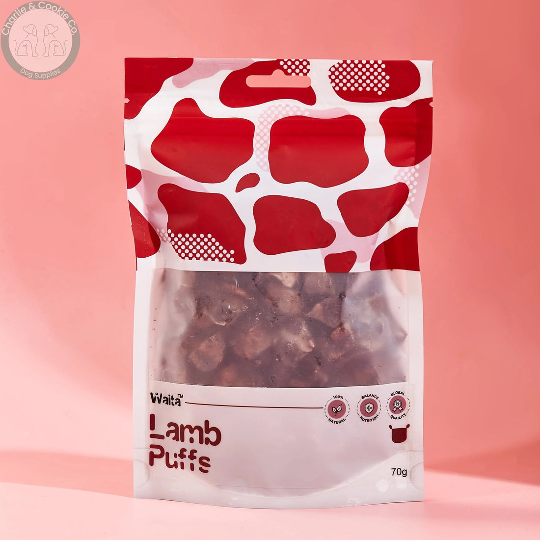 Waita Air-Dried Lamb Puffs 70g pouch on a pink background