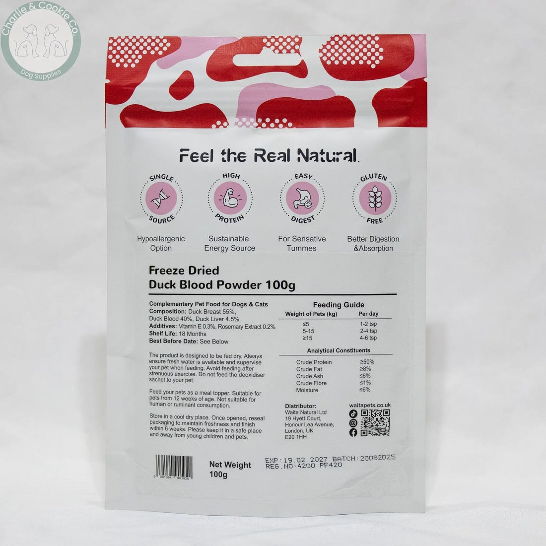Waita Freeze-Dried Duck Blood Powder, back of pouch