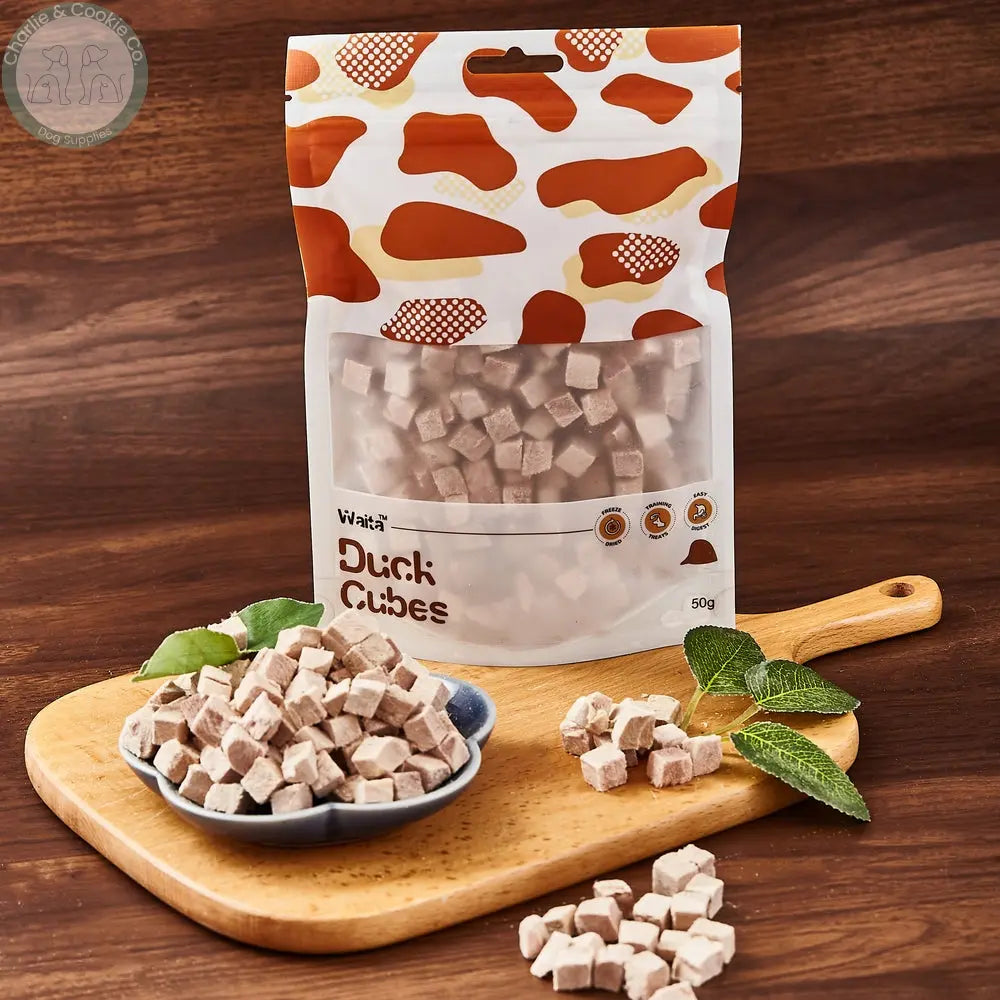 Waita Freeze-Dried Duck Cubes 50g with cubes in a bowl