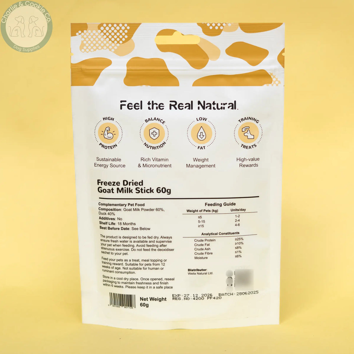 Waita Freeze-Dried Goat Milk Stick 60g back of pack, with contact details redacted