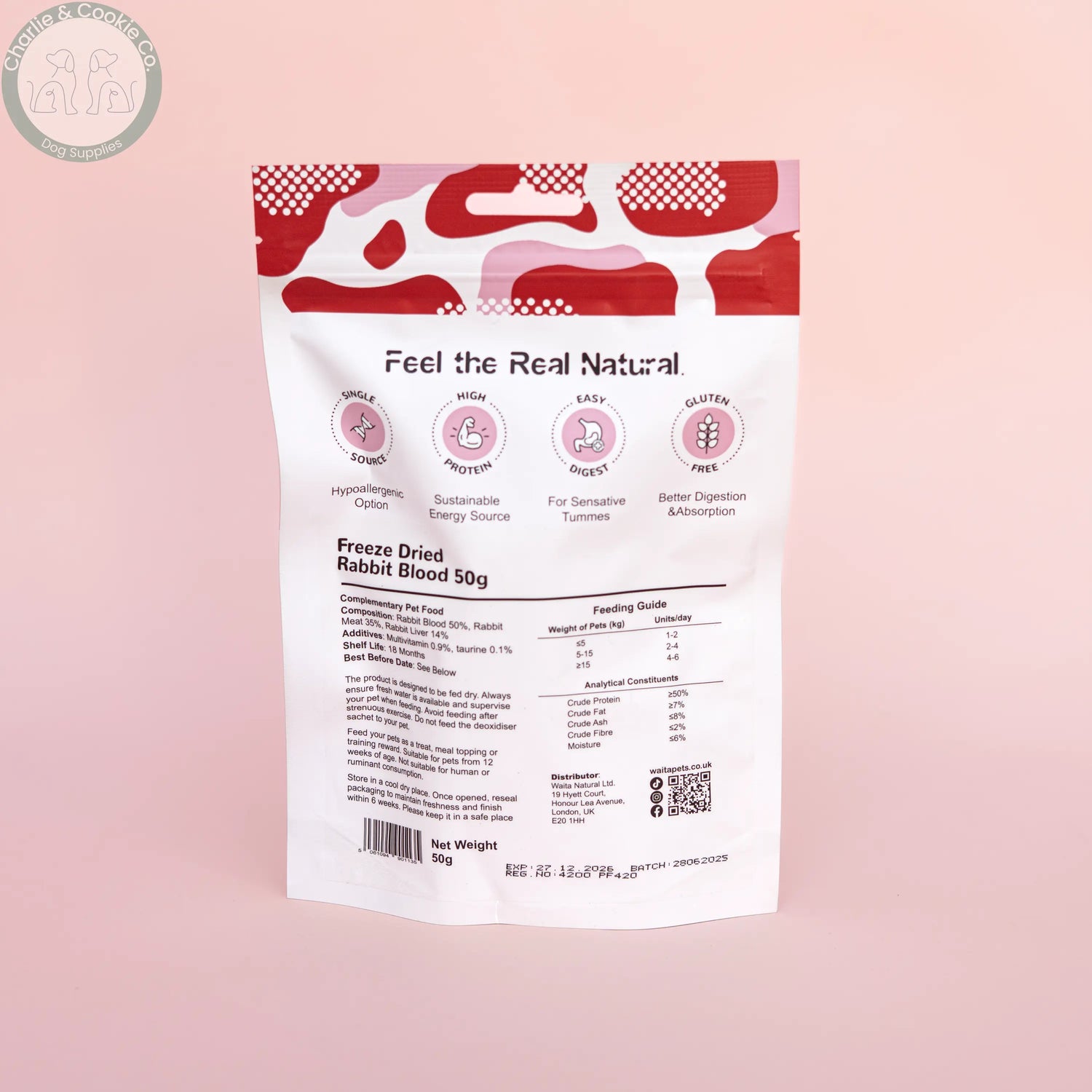 Waita Freeze-Dried Rabbit Blood treats, back of pouch