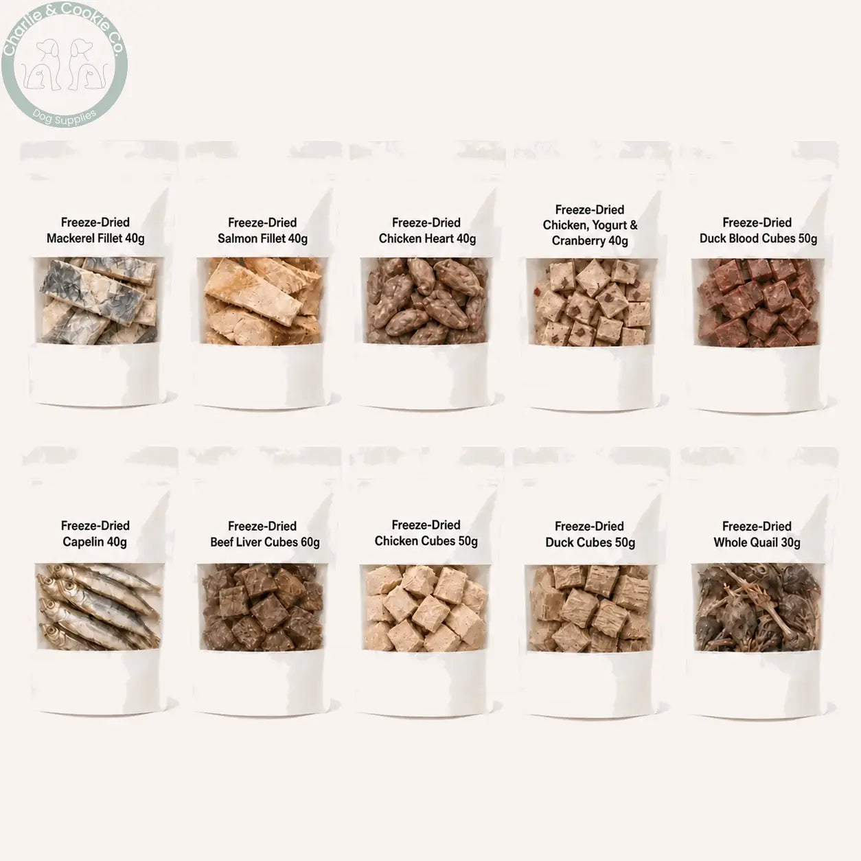 Unbranded freeze-dried dog and cat treats, ten labelled varieties
