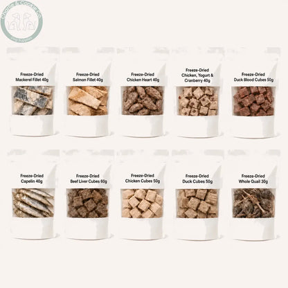 Unbranded freeze-dried dog and cat treats, ten labelled varieties