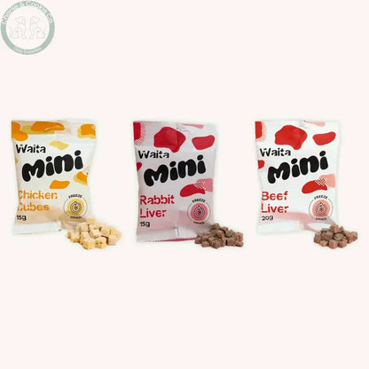 Waita Mini Chicken Cubes 15g, Rabbit Liver Cubes 15g and Beef Liver Cubes 20g pouches with treats